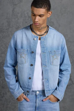 P-Star Regular Fit Boxy Collarless Denim Jacket | BoohooMAN UK