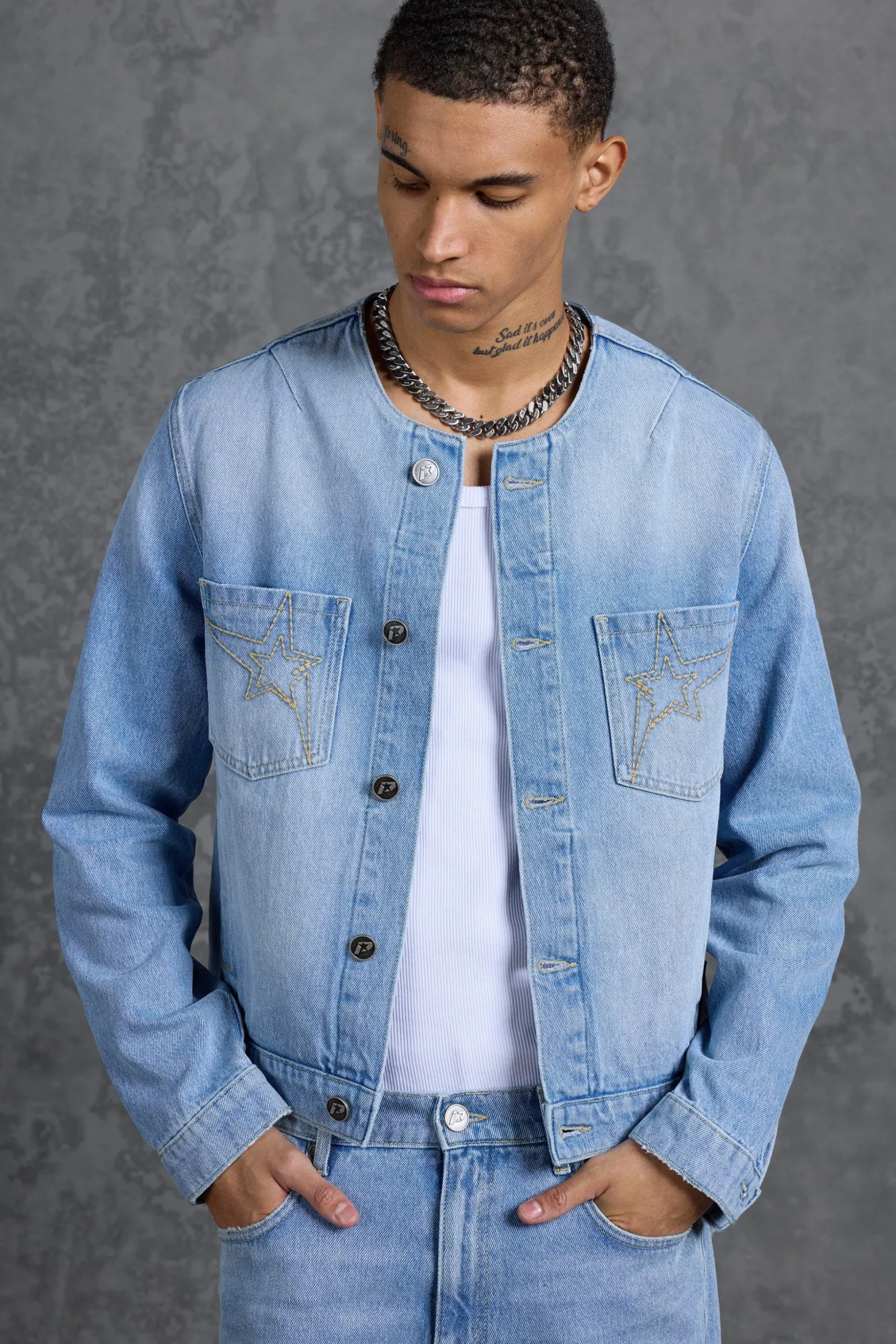 P-Star Regular Fit Boxy Collarless Denim Jacket | BoohooMAN UK