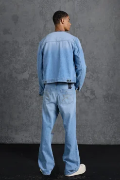 P-Star Regular Fit Boxy Collarless Denim Jacket | BoohooMAN UK