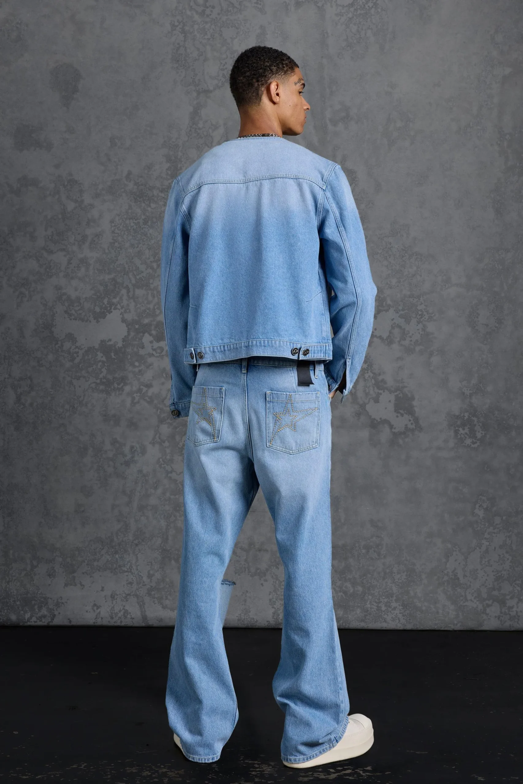 P-Star Regular Fit Boxy Collarless Denim Jacket | BoohooMAN UK