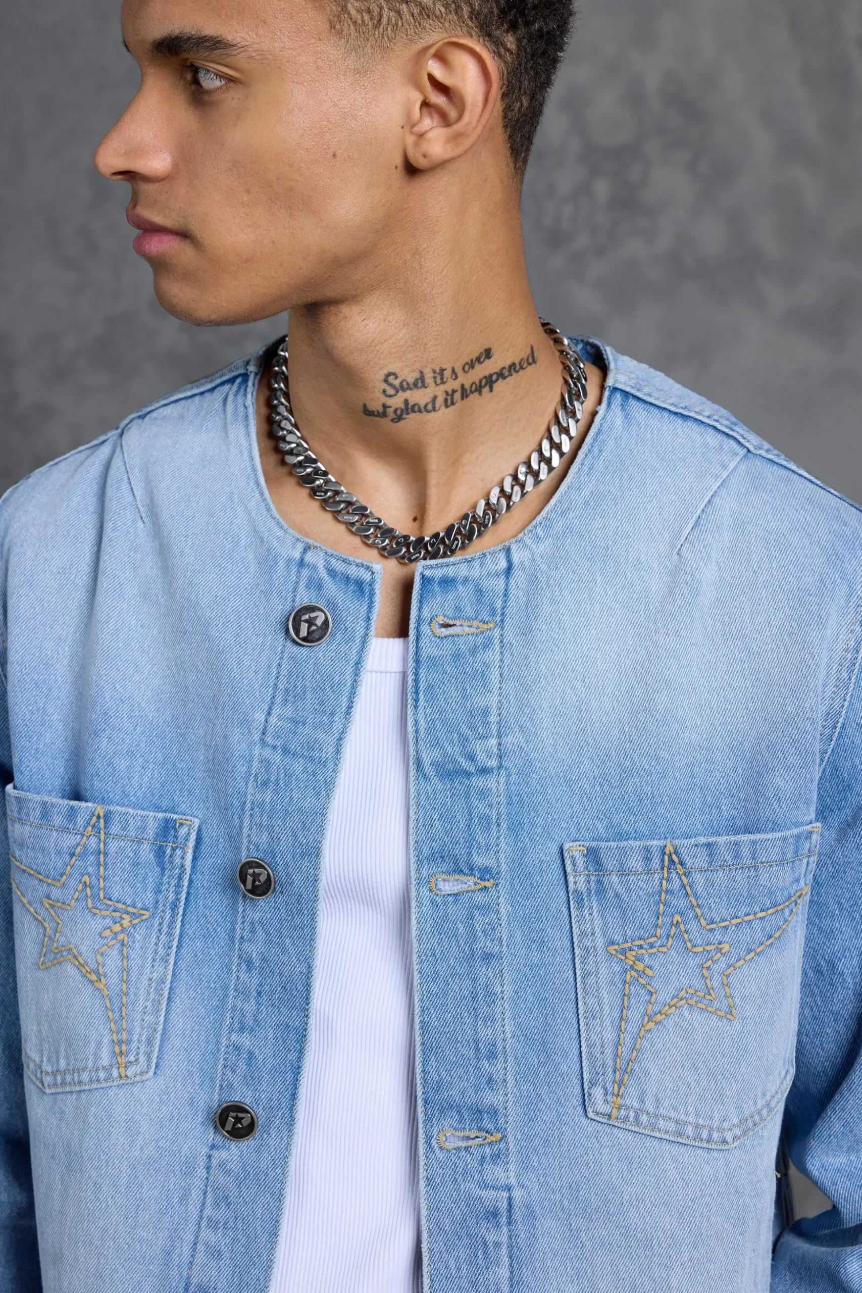 P-Star Regular Fit Boxy Collarless Denim Jacket | BoohooMAN UK