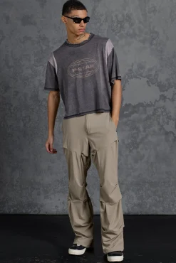 P-Star Slim Fit Flare Stacked Ruched Detail Trousers | BoohooMAN UK