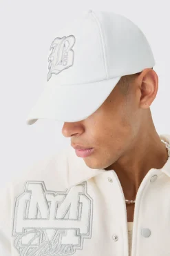 PU Applique Cap In White | BoohooMAN UK