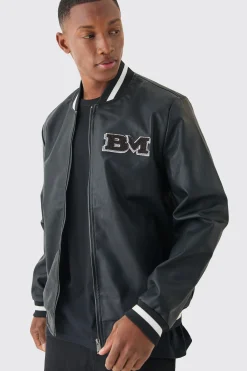 Pu Badge Varsity Jacket | BoohooMAN UK