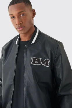 Pu Badge Varsity Jacket | BoohooMAN UK