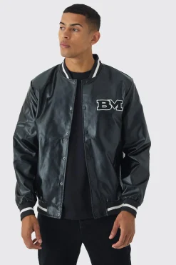 PU Badge Varsity Jacket In Black | BoohooMAN UK