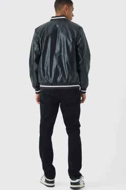 PU Badge Varsity Jacket In Black | BoohooMAN UK
