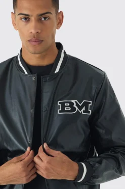 PU Badge Varsity Jacket In Black | BoohooMAN UK