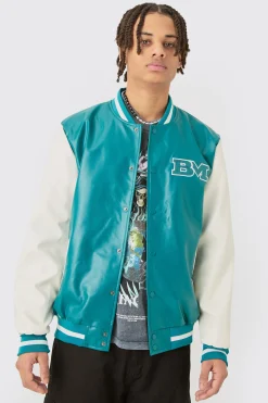 PU Badge Varsity Jacket In Teal | BoohooMAN UK