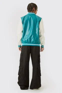 PU Badge Varsity Jacket In Teal | BoohooMAN UK