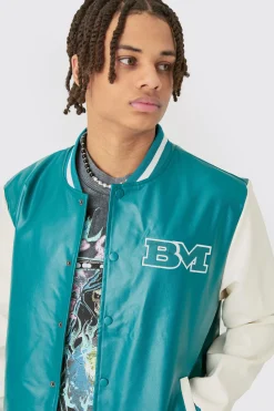 PU Badge Varsity Jacket In Teal | BoohooMAN UK