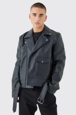 Pu Biker Jacket In Black | BoohooMAN UK
