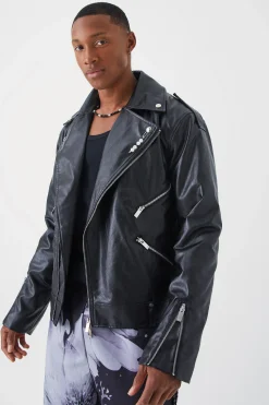 Pu Biker Jacket With Flower Print | BoohooMAN UK