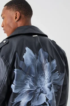 Pu Biker Jacket With Flower Print | BoohooMAN UK