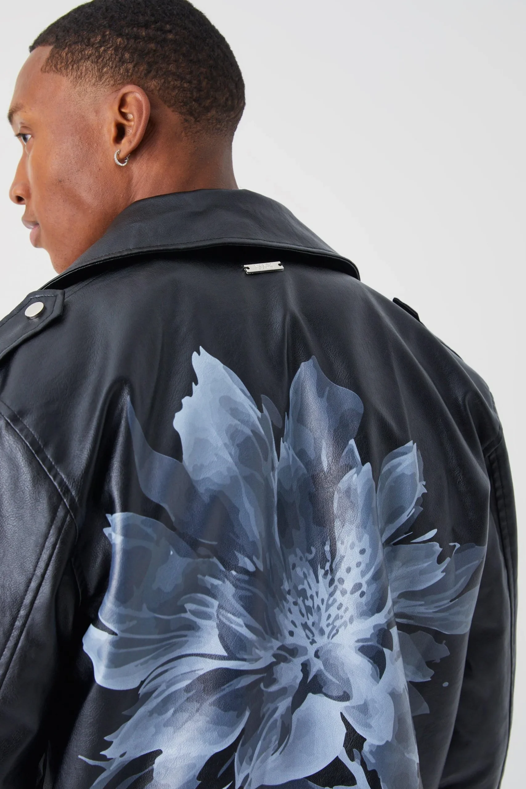 Pu Biker Jacket With Flower Print | BoohooMAN UK