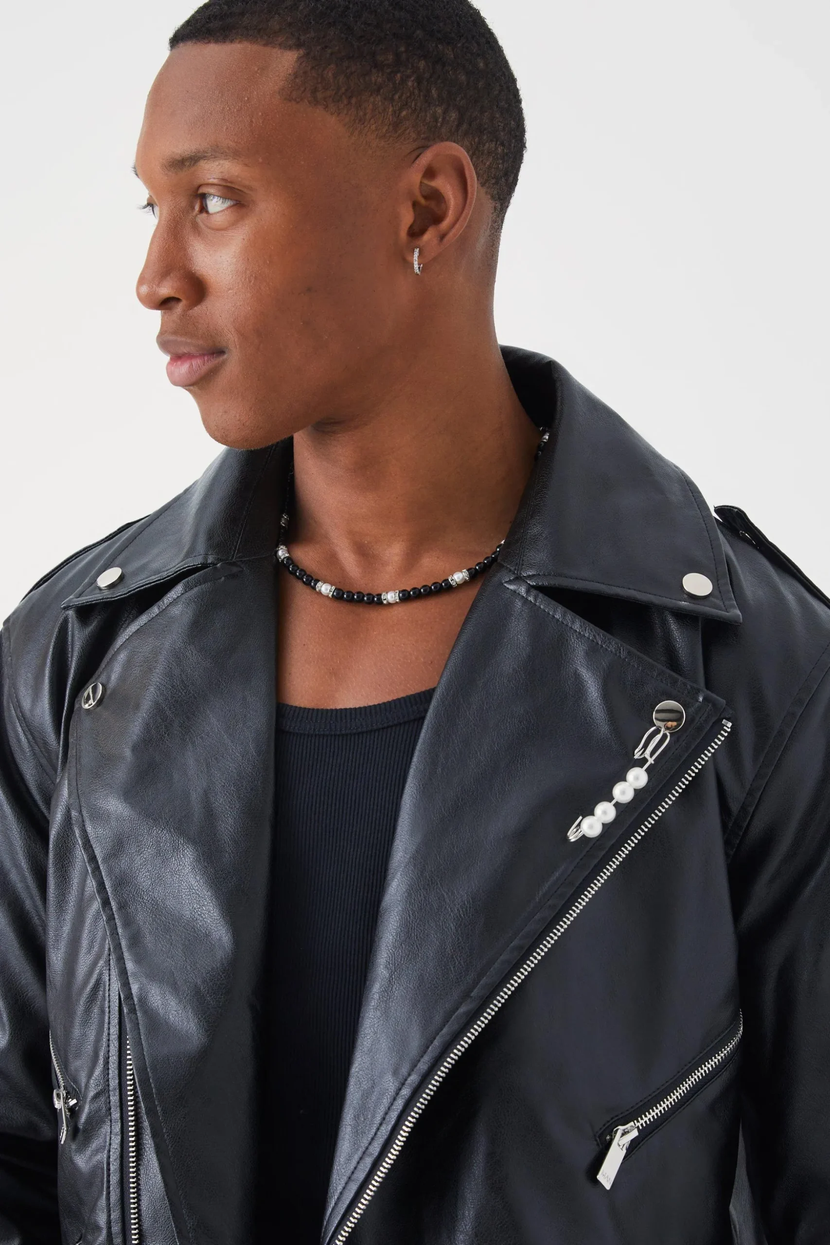 Pu Biker Jacket With Flower Print | BoohooMAN UK