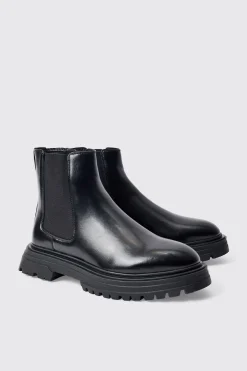 PU Chunky Sole Chelsea Boot In Black | BoohooMAN UK