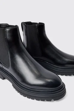 PU Chunky Sole Chelsea Boot In Black | BoohooMAN UK