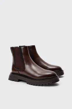 PU Chunky Sole Chelsea Boot In Brown | BoohooMAN UK