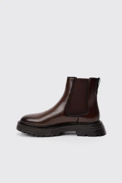 PU Chunky Sole Chelsea Boot In Brown | BoohooMAN UK