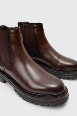 PU Chunky Sole Chelsea Boot In Brown | BoohooMAN UK