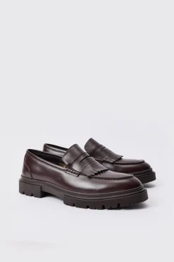 Pu Chunky Sole Tassel Loafer In Brown | BoohooMAN UK