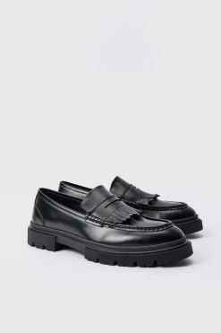 Pu Chunky Sole Tassel Loafer In Black | BoohooMAN UK