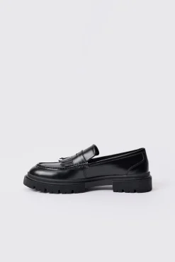 Pu Chunky Sole Tassel Loafer In Black | BoohooMAN UK
