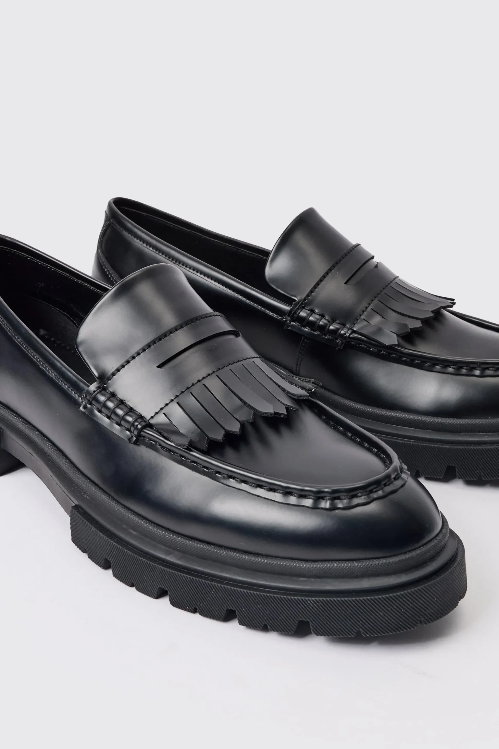 Pu Chunky Sole Tassel Loafer In Black | BoohooMAN UK