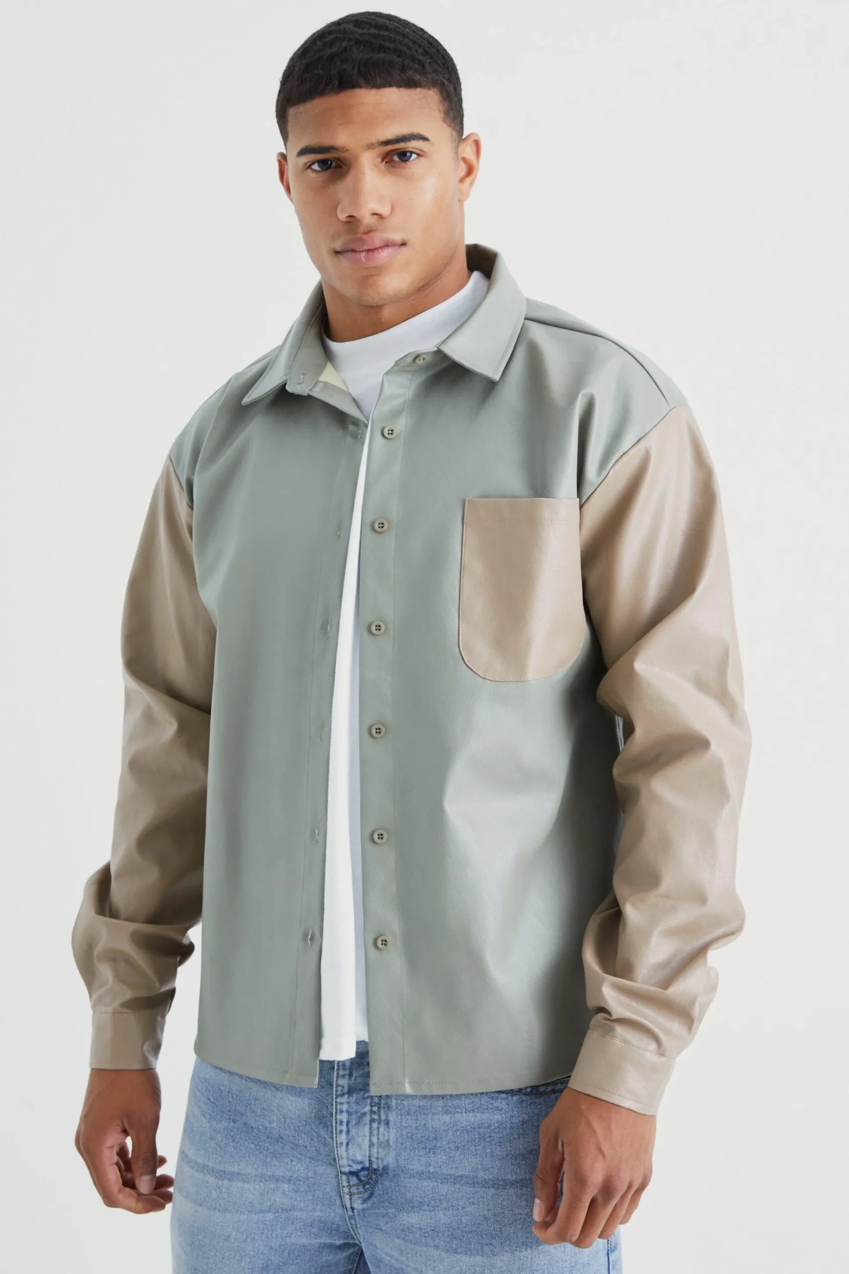 Pu Colour Block Pocket Overshirt | BoohooMAN UK