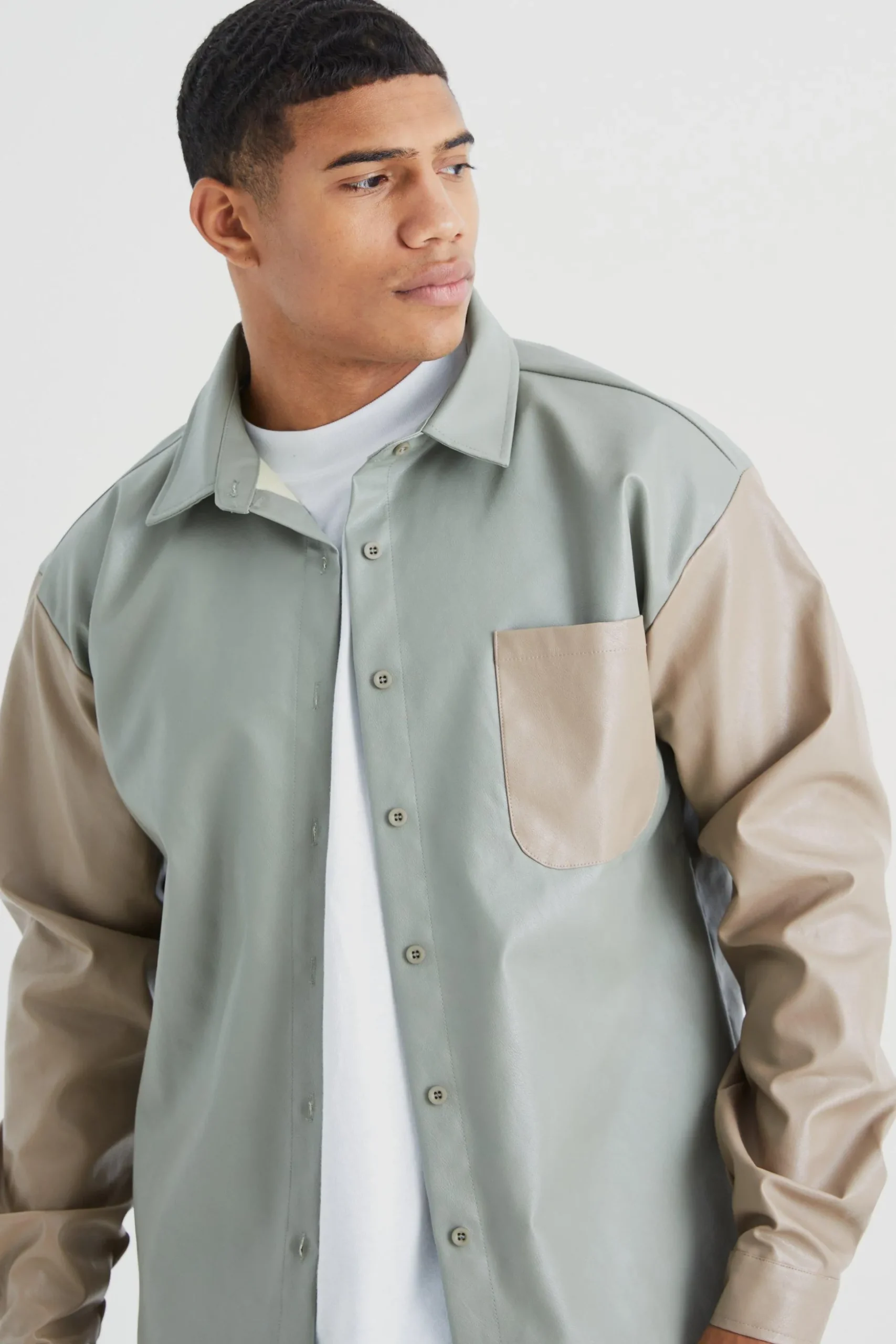 Pu Colour Block Pocket Overshirt | BoohooMAN UK