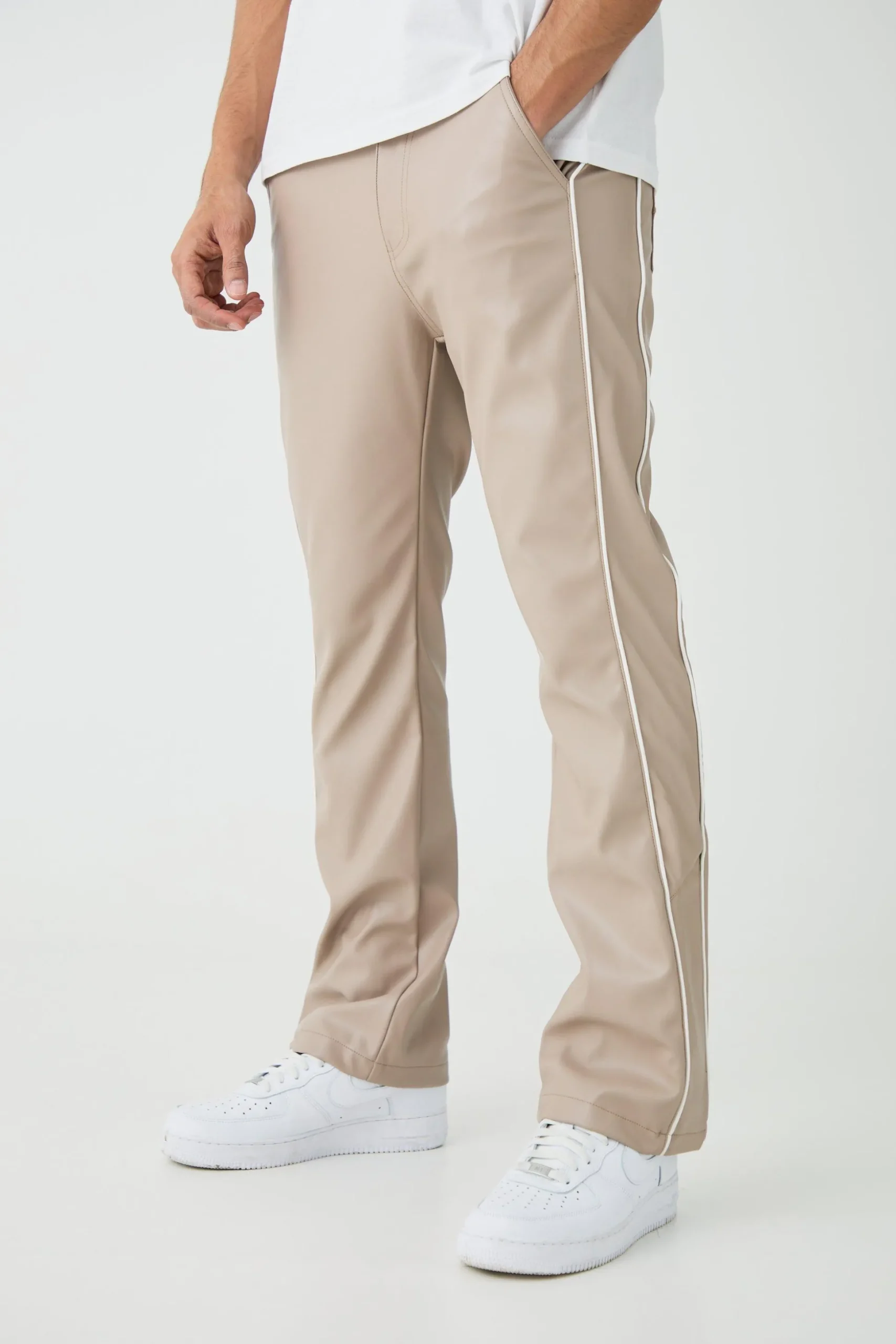 Pu Contrast Stipe Skinny Flared Trousers | BoohooMAN UK