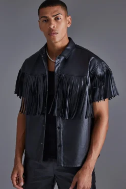 Pu Fringe Boxy Shirt | BoohooMAN UK