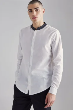 Pu Grandad Collar Poplin Shirt | BoohooMAN UK