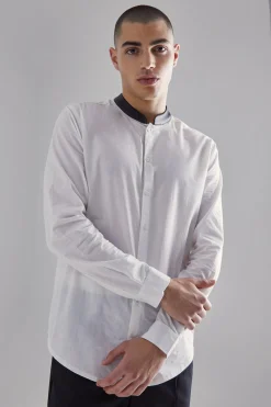 Pu Grandad Collar Poplin Shirt | BoohooMAN UK