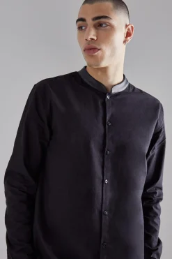 Pu Grandad Collar Poplin Shirt | BoohooMAN UK