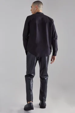 Pu Grandad Collar Poplin Shirt | BoohooMAN UK