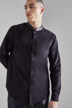 Pu Grandad Collar Poplin Shirt | BoohooMAN UK