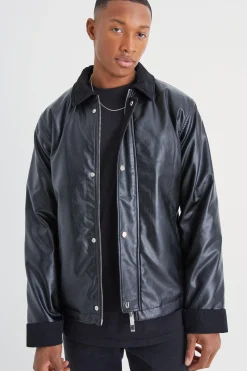 Pu Harrington With Cord Trims | BoohooMAN UK