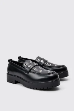 Pu Loafer With Eyelet Detail In Black | BoohooMAN UK