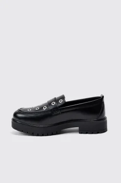 Pu Loafer With Eyelet Detail In Black | BoohooMAN UK