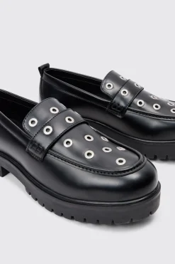 Pu Loafer With Eyelet Detail In Black | BoohooMAN UK