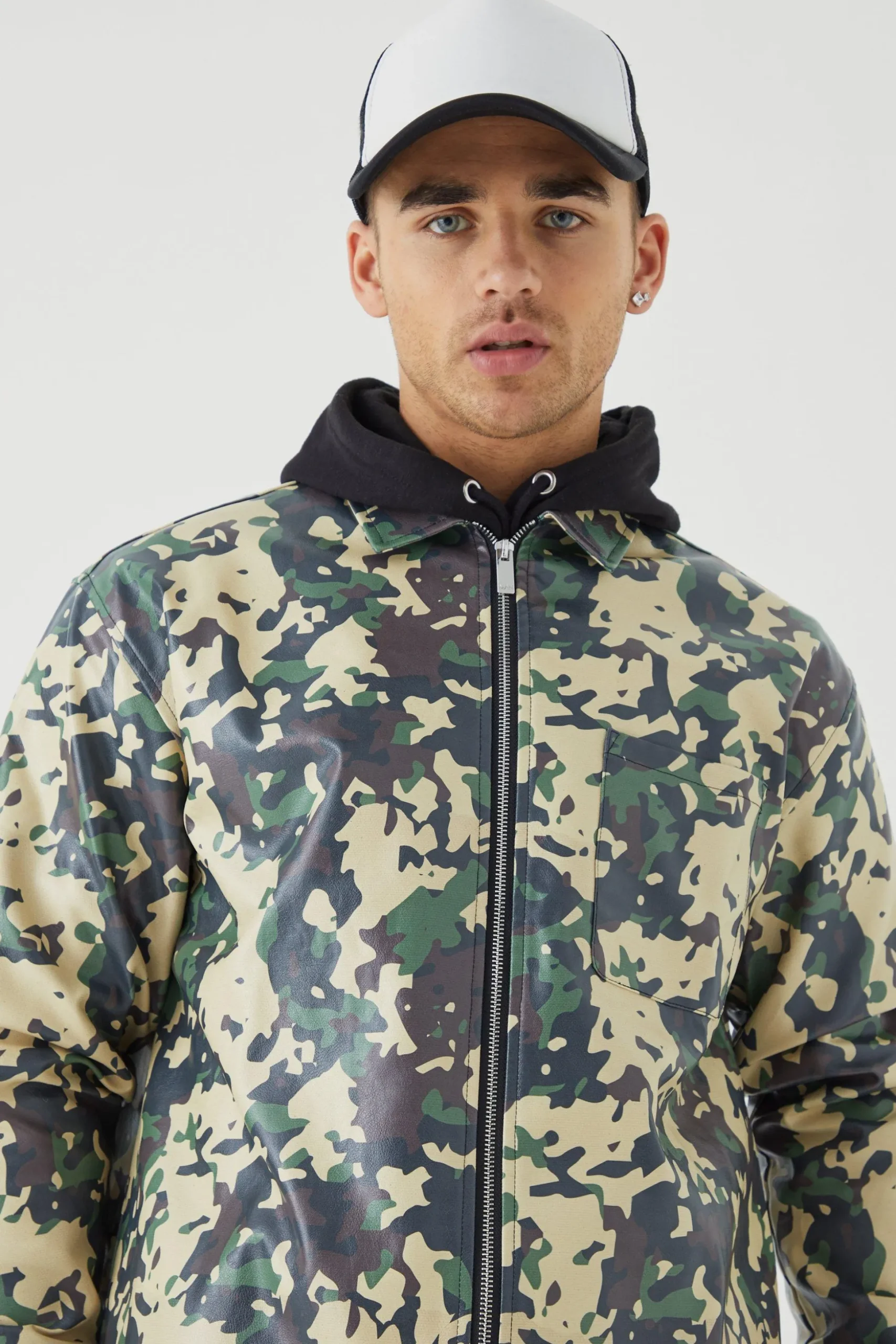 Pu Long Sleeve Boxy Camouflage Shirt | BoohooMAN UK