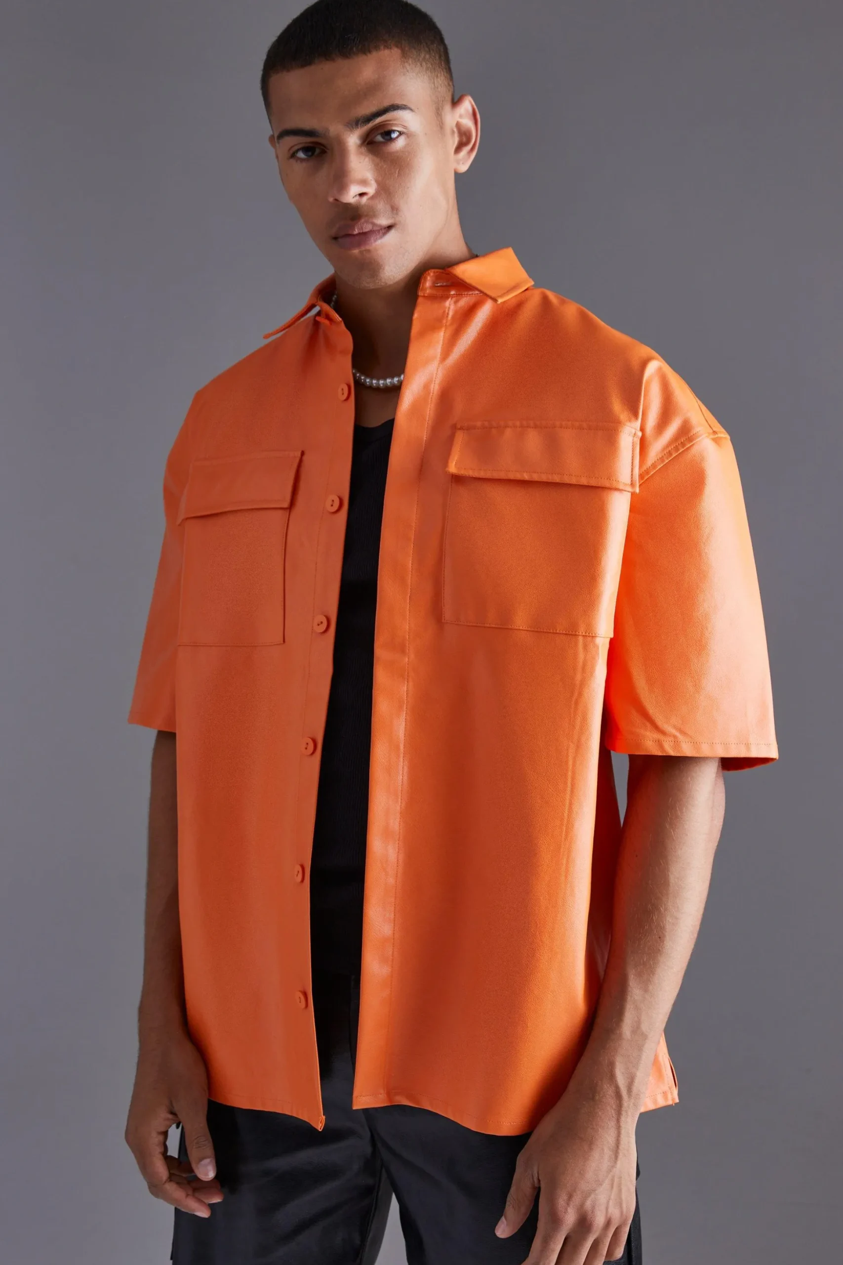 Pu Oversized Boxy Shirt | BoohooMAN UK
