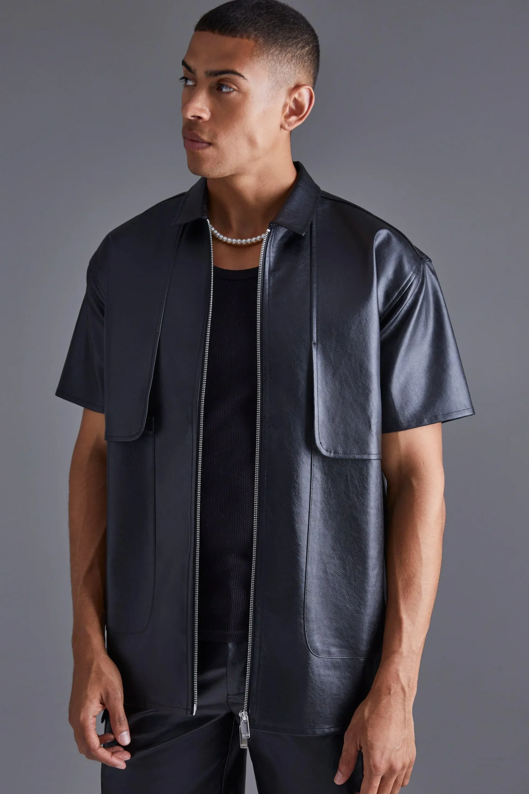 Pu Oversized Panel Detail Shirt | BoohooMAN UK