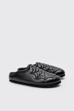 PU Padded Spiderweb Mule In Black | BoohooMAN UK