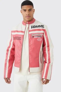 Pu Panelled Moto Biker Jacket With Badges | BoohooMAN UK
