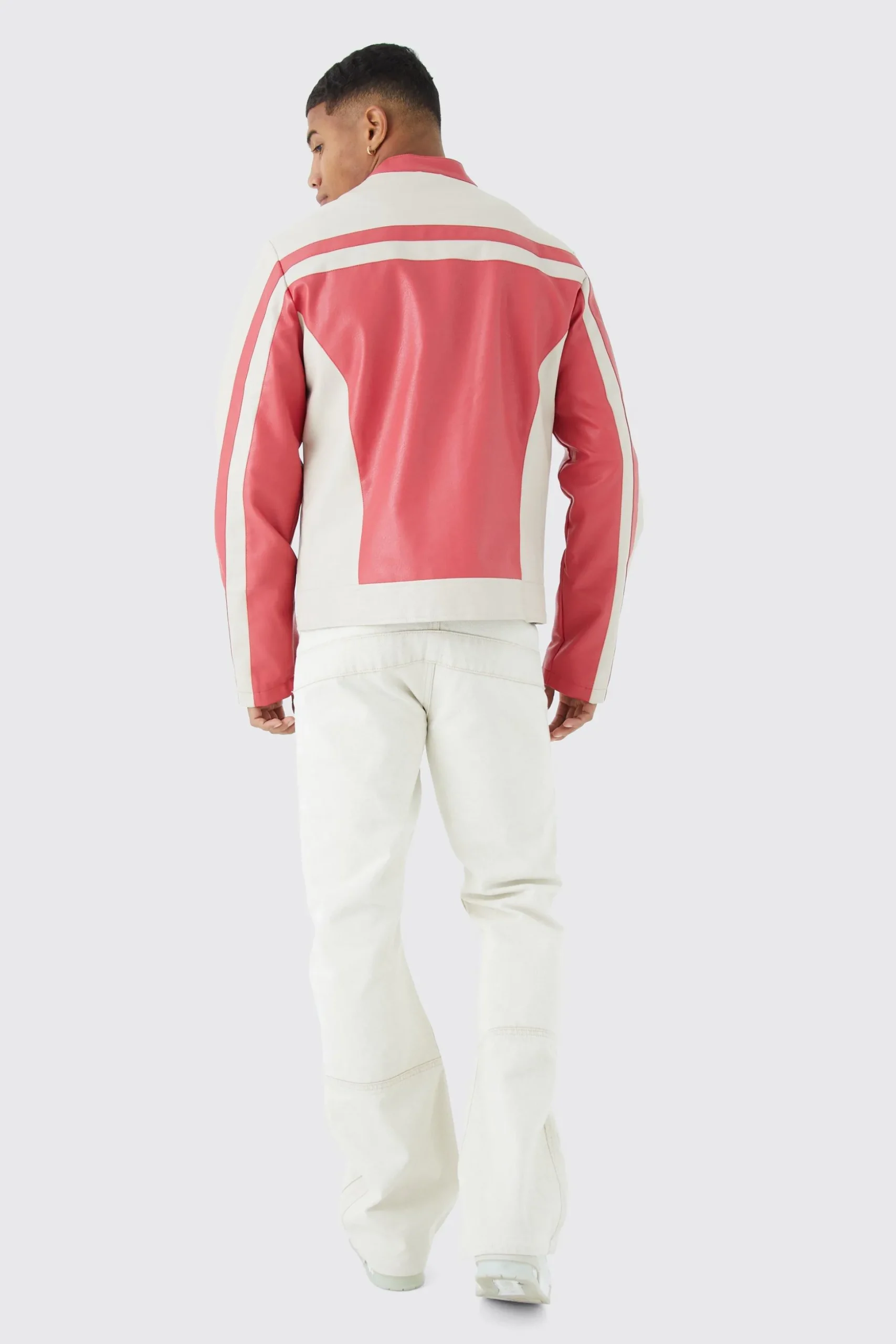 Pu Panelled Moto Biker Jacket With Badges | BoohooMAN UK