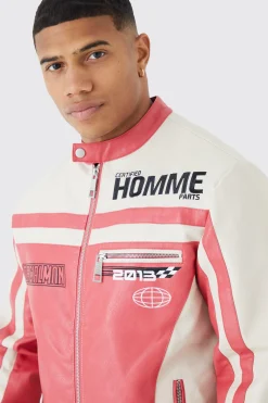 Pu Panelled Moto Biker Jacket With Badges | BoohooMAN UK