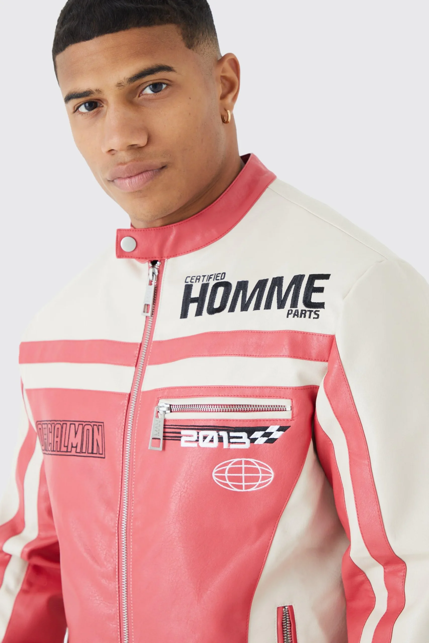 Pu Panelled Moto Biker Jacket With Badges | BoohooMAN UK